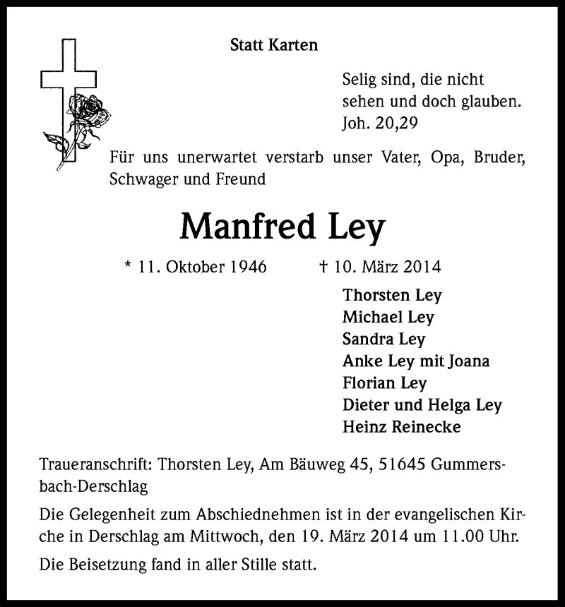  Traueranzeige für Manfred Ley vom 14.03.2014 aus Kölner Stadt-Anzeiger / Kölnische Rundschau / Express
