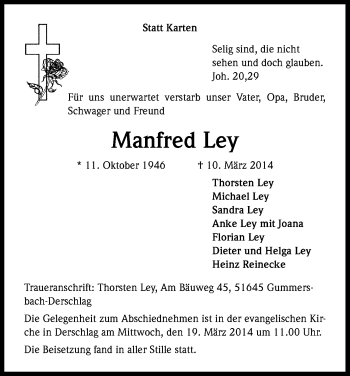 Anzeige von Manfred Ley von Kölner Stadt-Anzeiger / Kölnische Rundschau / Express