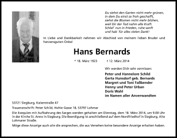 Anzeige von Hans Bernards von Kölner Stadt-Anzeiger / Kölnische Rundschau / Express
