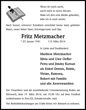 Anzeige von Fritz Metzmacher von Kölner Stadt-Anzeiger / Kölnische Rundschau / Express