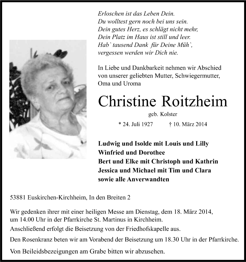  Traueranzeige für Christine Roitzheim vom 15.03.2014 aus Kölner Stadt-Anzeiger / Kölnische Rundschau / Express