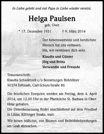 Anzeige von Helga Paulsen von Kölner Stadt-Anzeiger / Kölnische Rundschau / Express