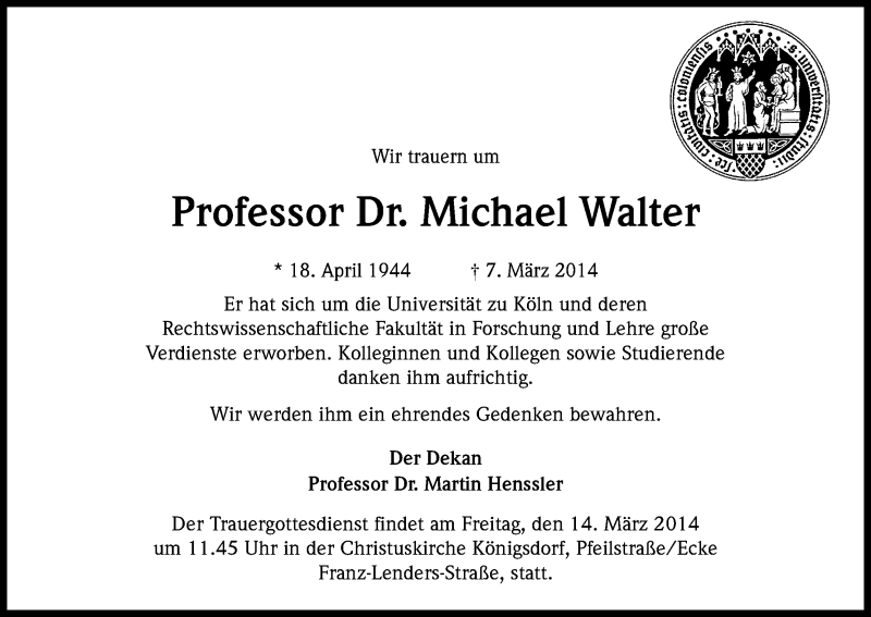  Traueranzeige für Michael Walter vom 14.03.2014 aus Kölner Stadt-Anzeiger / Kölnische Rundschau / Express