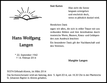 Anzeige von Hans Wolfgang Langen von Kölner Stadt-Anzeiger / Kölnische Rundschau / Express