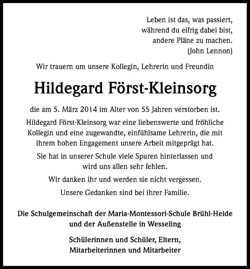  Traueranzeige für Hildegard Först-Kleinsorg vom 15.03.2014 aus Kölner Stadt-Anzeiger / Kölnische Rundschau / Express
