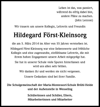 Anzeige von Hildegard Först-Kleinsorg von Kölner Stadt-Anzeiger / Kölnische Rundschau / Express