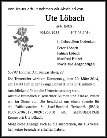 Anzeige von Ute Löbach von Kölner Stadt-Anzeiger / Kölnische Rundschau / Express