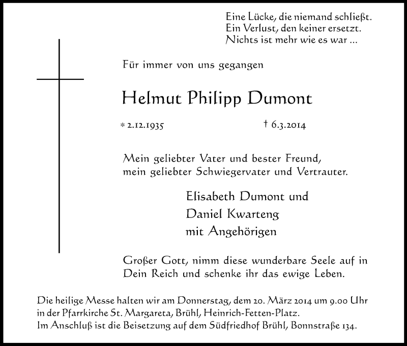  Traueranzeige für Helmut Philipp Dumont vom 15.03.2014 aus Kölner Stadt-Anzeiger / Kölnische Rundschau / Express
