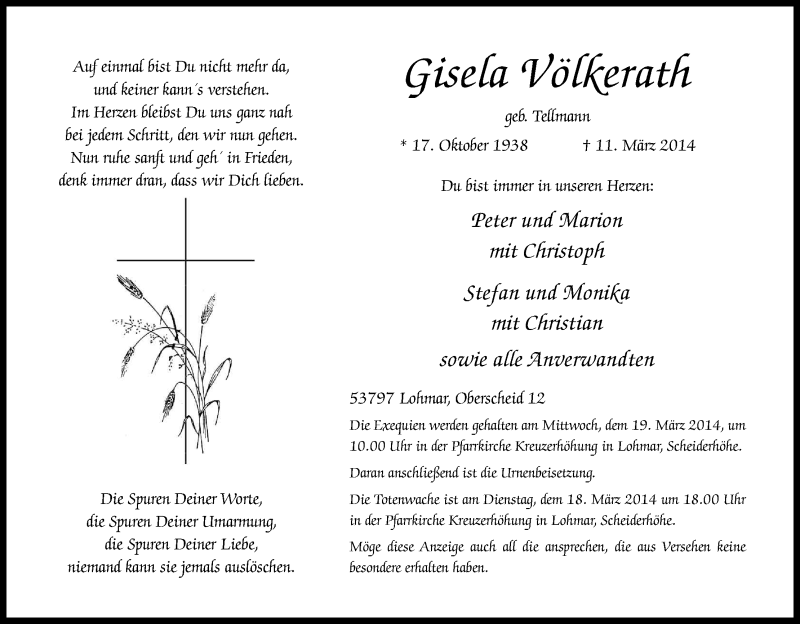  Traueranzeige für Gisela Völkerath vom 15.03.2014 aus Kölner Stadt-Anzeiger / Kölnische Rundschau / Express