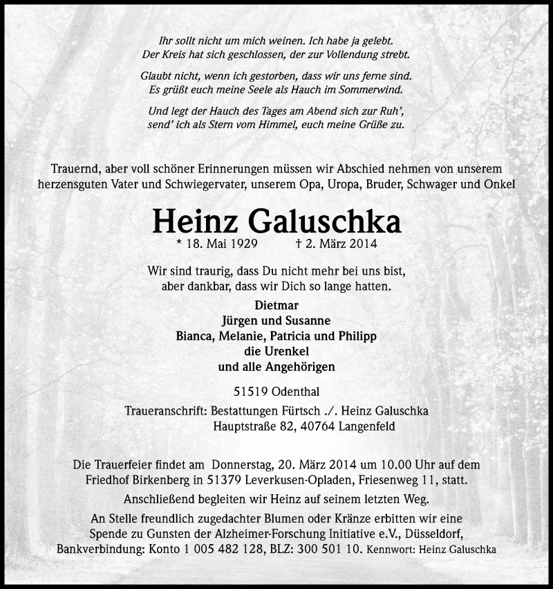  Traueranzeige für Heinz Galuschka vom 15.03.2014 aus Kölner Stadt-Anzeiger / Kölnische Rundschau / Express