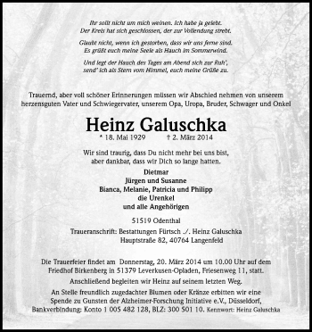 Anzeige von Heinz Galuschka von Kölner Stadt-Anzeiger / Kölnische Rundschau / Express