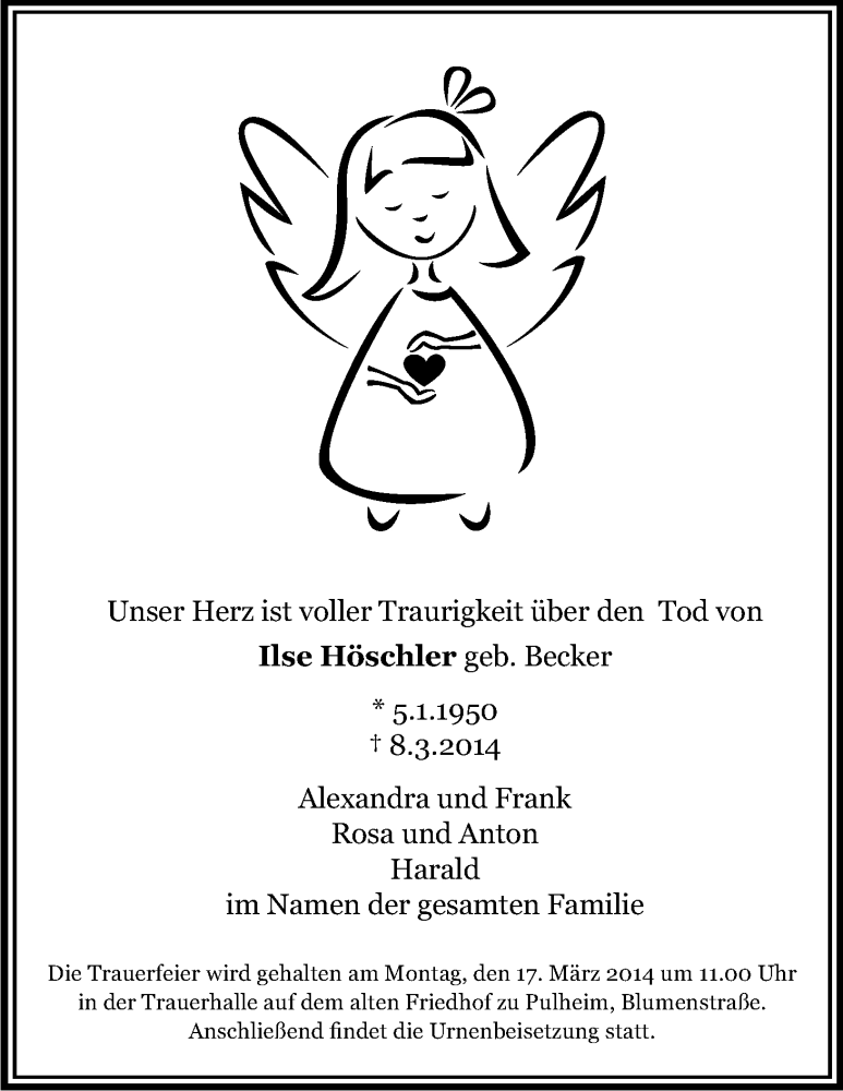  Traueranzeige für Ilse Höschler vom 15.03.2014 aus Kölner Stadt-Anzeiger / Kölnische Rundschau / Express