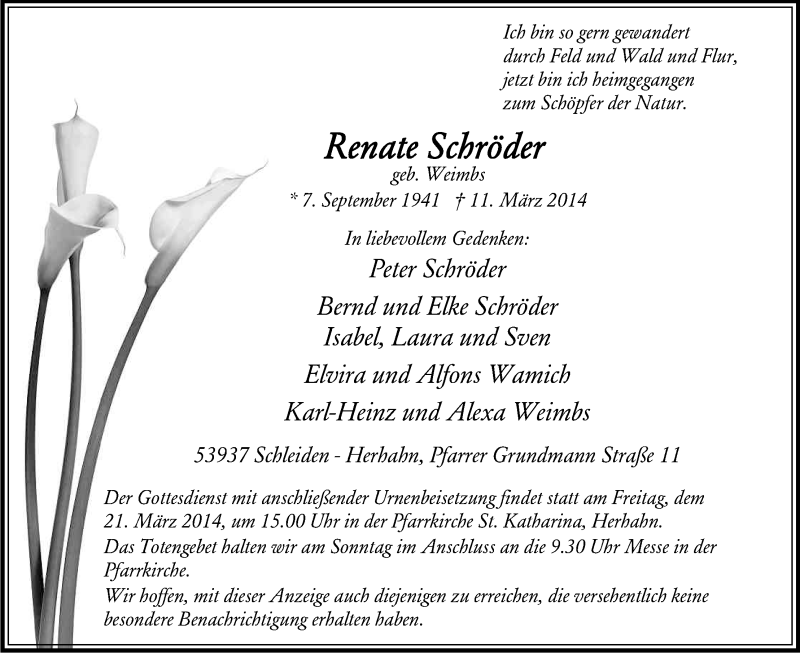  Traueranzeige für Renate Schröder vom 15.03.2014 aus Kölner Stadt-Anzeiger / Kölnische Rundschau / Express