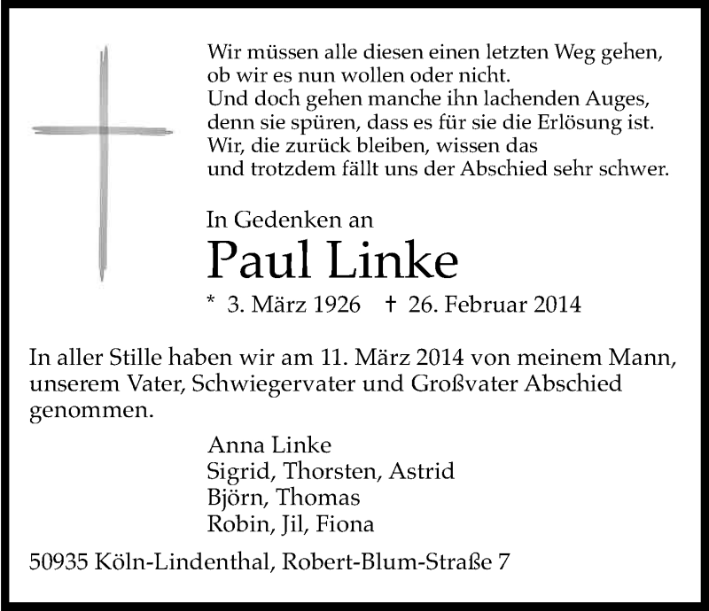  Traueranzeige für Paul Linke vom 15.03.2014 aus Kölner Stadt-Anzeiger / Kölnische Rundschau / Express