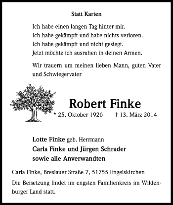 Anzeige von Robert Finke von Kölner Stadt-Anzeiger / Kölnische Rundschau / Express