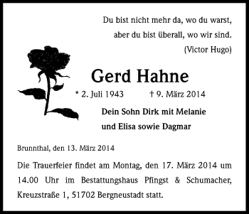 Anzeige von Gerd Hahne von Kölner Stadt-Anzeiger / Kölnische Rundschau / Express