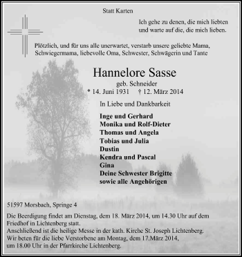 Anzeige von Hannelore Sasse von Kölner Stadt-Anzeiger / Kölnische Rundschau / Express