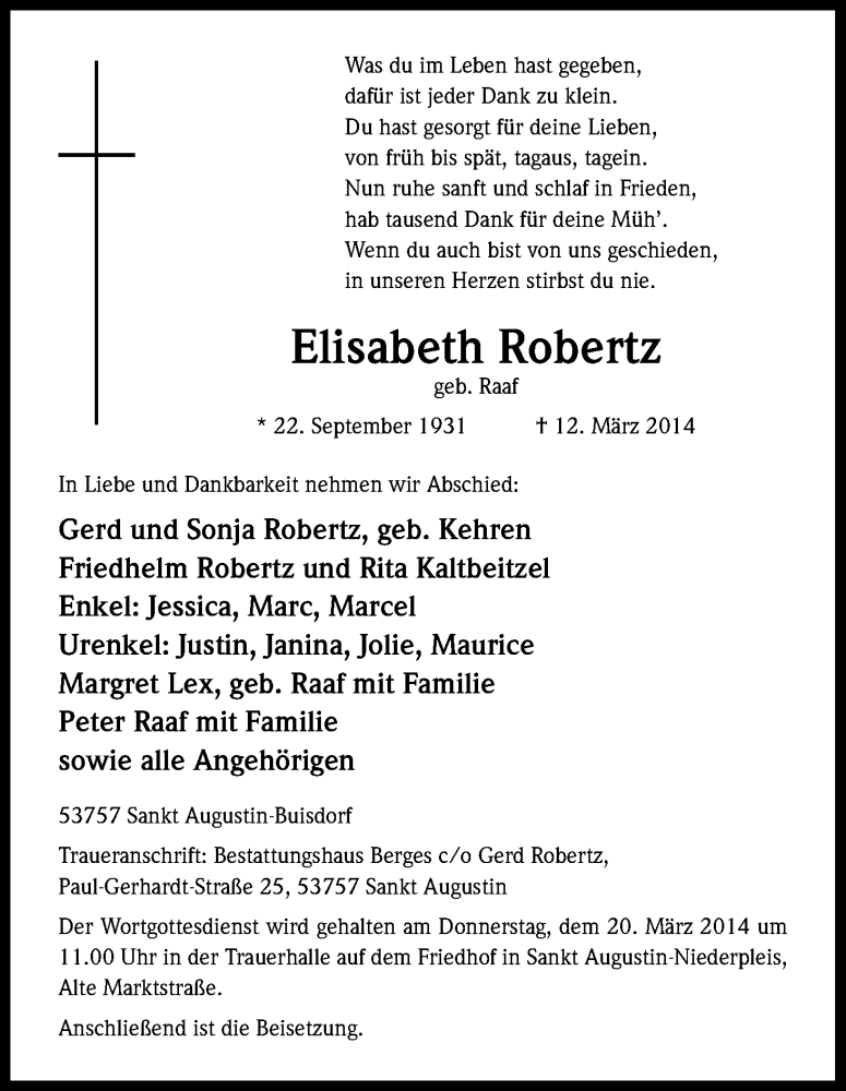  Traueranzeige für Elisabeth Robertz vom 15.03.2014 aus Kölner Stadt-Anzeiger / Kölnische Rundschau / Express