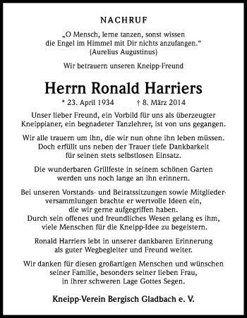 Anzeige von Ronald Harriers von Kölner Stadt-Anzeiger / Kölnische Rundschau / Express