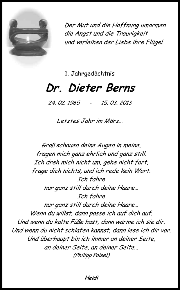  Traueranzeige für Dieter Berns vom 15.03.2014 aus Kölner Stadt-Anzeiger / Kölnische Rundschau / Express