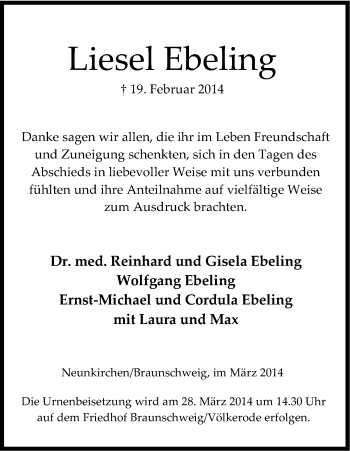 Anzeige von Liesel Ebeling von Kölner Stadt-Anzeiger / Kölnische Rundschau / Express