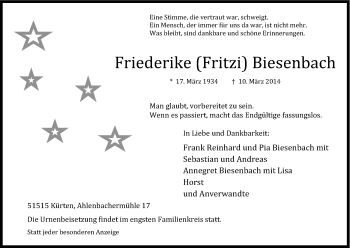 Anzeige von Friederike Fritz Biesenbach von Kölner Stadt-Anzeiger / Kölnische Rundschau / Express