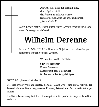 Anzeige von Wilhelm Derenne von Kölner Stadt-Anzeiger / Kölnische Rundschau / Express