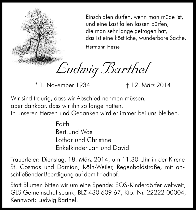  Traueranzeige für Barthel Ludwig vom 15.03.2014 aus Kölner Stadt-Anzeiger / Kölnische Rundschau / Express