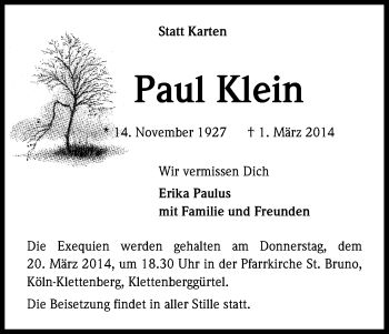 Anzeige von Paul Klein von Kölner Stadt-Anzeiger / Kölnische Rundschau / Express