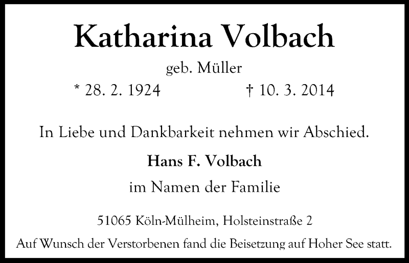  Traueranzeige für Katharina Volbach vom 22.03.2014 aus Kölner Stadt-Anzeiger / Kölnische Rundschau / Express