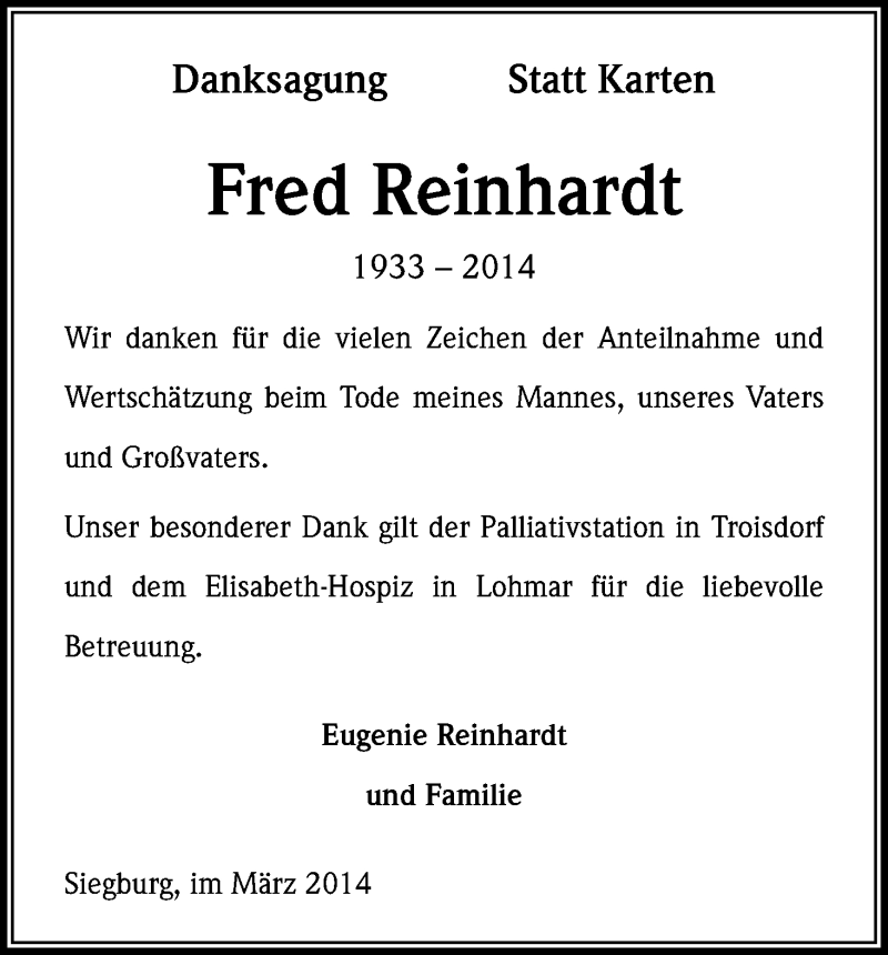  Traueranzeige für Fred Reinhardt vom 15.03.2014 aus Kölner Stadt-Anzeiger / Kölnische Rundschau / Express