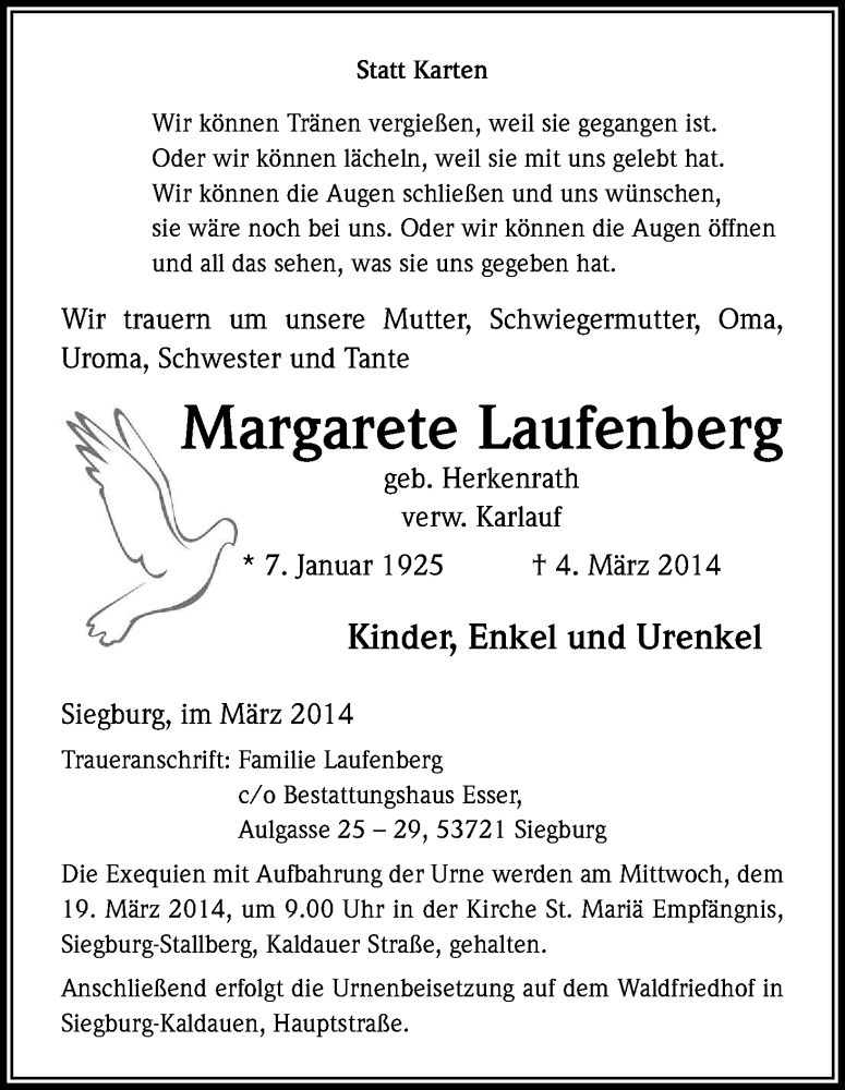  Traueranzeige für Margarete Laufenberg vom 15.03.2014 aus Kölner Stadt-Anzeiger / Kölnische Rundschau / Express