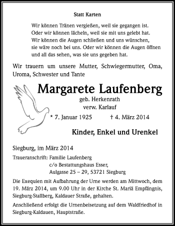 Anzeige von Margarete Laufenberg von Kölner Stadt-Anzeiger / Kölnische Rundschau / Express