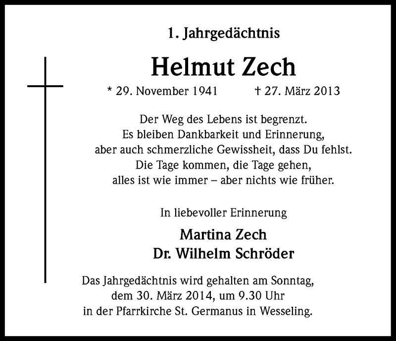  Traueranzeige für Helmut Zech vom 22.03.2014 aus Kölner Stadt-Anzeiger / Kölnische Rundschau / Express