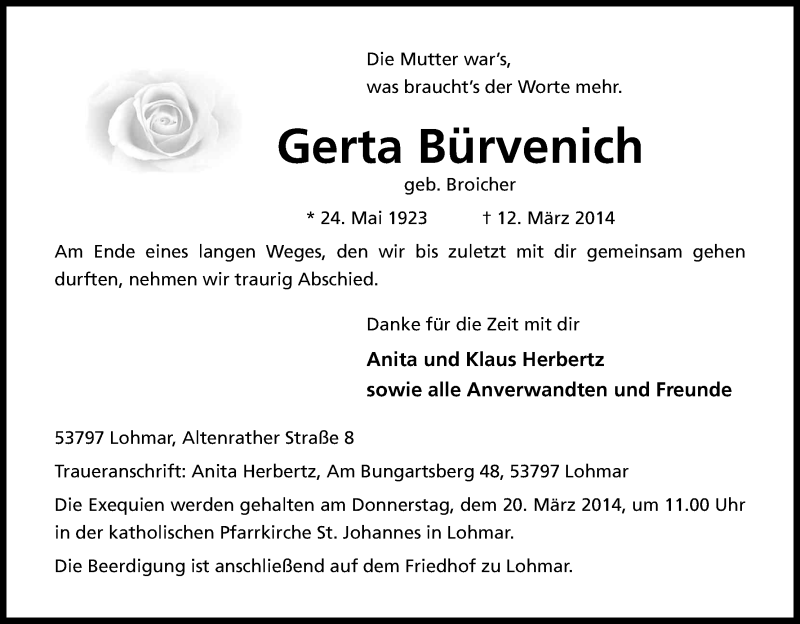 Traueranzeige für Gerta Bürvenich vom 15.03.2014 aus Kölner Stadt-Anzeiger / Kölnische Rundschau / Express