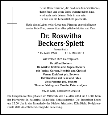 Anzeige von Roswitha Beckers-Splett. von Kölner Stadt-Anzeiger / Kölnische Rundschau / Express