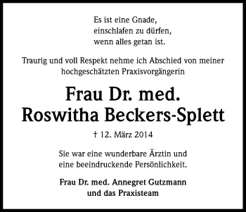 Anzeige von Roswitha Beckers-Splett von Kölner Stadt-Anzeiger / Kölnische Rundschau / Express