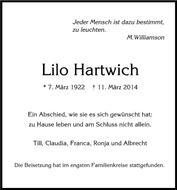 Anzeige von Lilo Hartwich von Kölner Stadt-Anzeiger / Kölnische Rundschau / Express