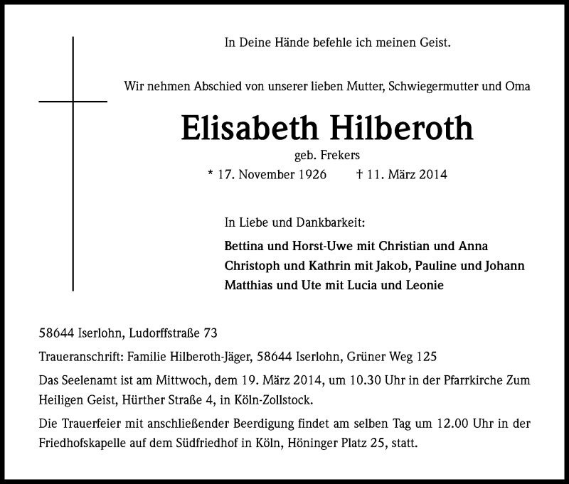  Traueranzeige für Elisabeth Hilberoth vom 15.03.2014 aus Kölner Stadt-Anzeiger / Kölnische Rundschau / Express