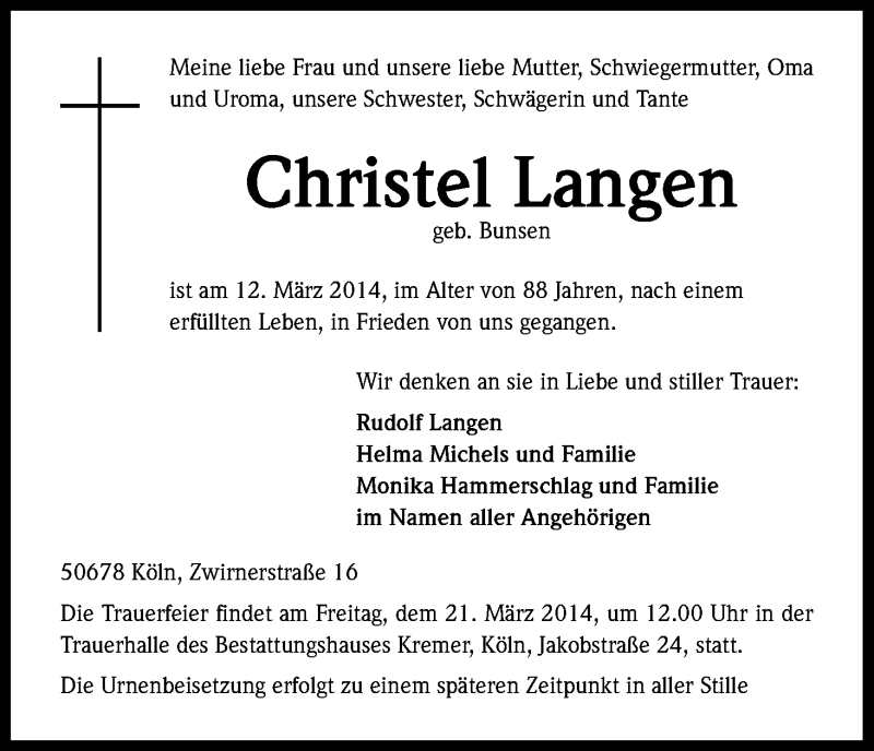  Traueranzeige für Christel Langen vom 15.03.2014 aus Kölner Stadt-Anzeiger / Kölnische Rundschau / Express