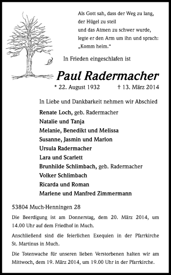 Anzeige von Paul Radermacher von Kölner Stadt-Anzeiger / Kölnische Rundschau / Express