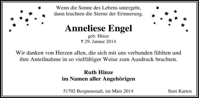  Traueranzeige für Anneliese Engel vom 15.03.2014 aus Kölner Stadt-Anzeiger / Kölnische Rundschau / Express