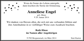 Anzeige von Anneliese Engel von Kölner Stadt-Anzeiger / Kölnische Rundschau / Express