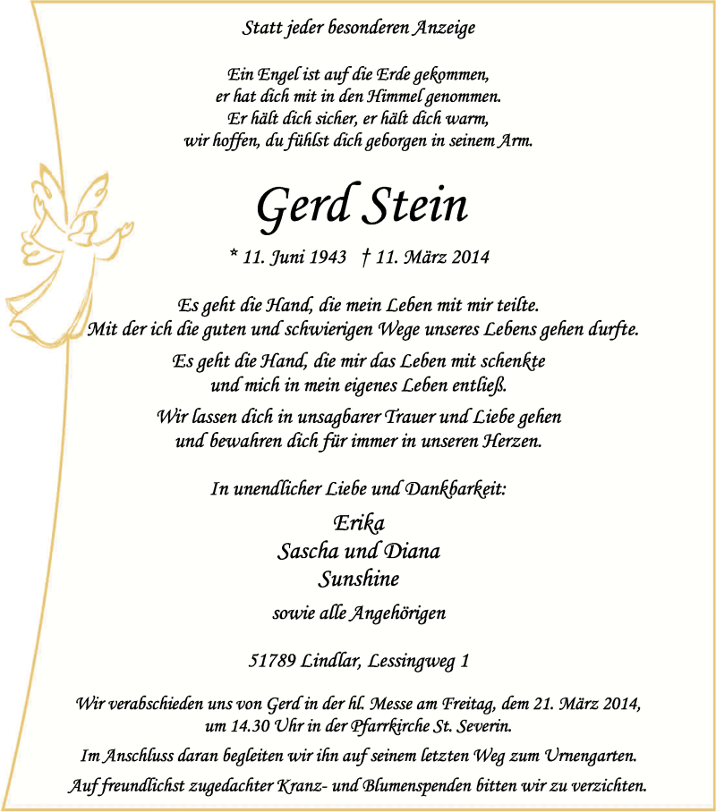  Traueranzeige für Gerd Stein vom 15.03.2014 aus Kölner Stadt-Anzeiger / Kölnische Rundschau / Express
