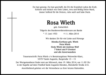 Anzeige von Rosa Wieth von Kölner Stadt-Anzeiger / Kölnische Rundschau / Express