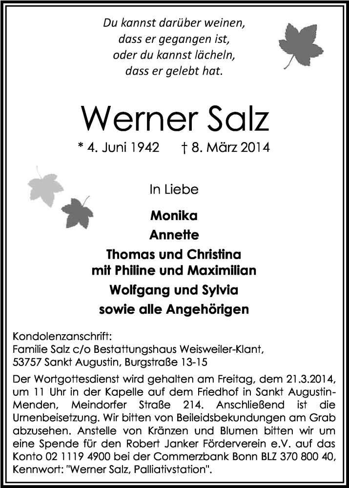  Traueranzeige für Werner Salz vom 15.03.2014 aus Kölner Stadt-Anzeiger / Kölnische Rundschau / Express