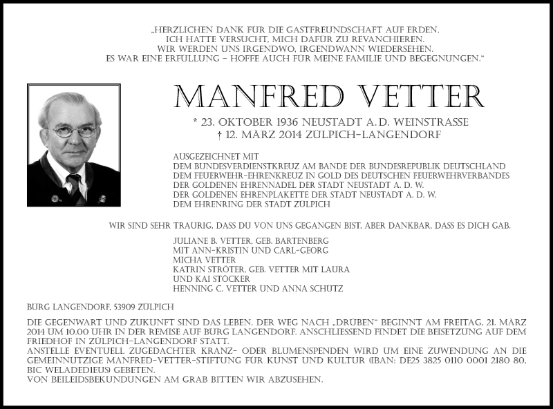 Traueranzeige für Manfred Vetter vom 15.03.2014 aus Kölner Stadt-Anzeiger / Kölnische Rundschau / Express