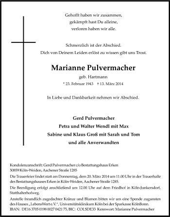 Anzeige von Marianne Pulvermacher von Kölner Stadt-Anzeiger / Kölnische Rundschau / Express