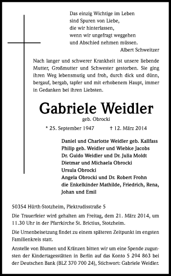 Anzeige von Gabriele Weidler von Kölner Stadt-Anzeiger / Kölnische Rundschau / Express