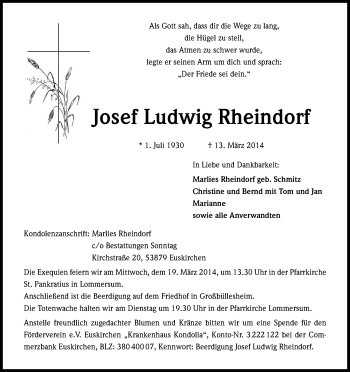 Anzeige von Josef Ludwig Rheindorf von Kölner Stadt-Anzeiger / Kölnische Rundschau / Express